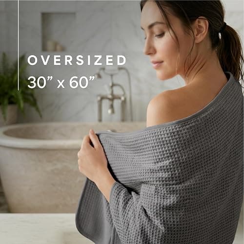 S&T INC. Aura Waffle Bath Towels, 4 Pack, 30" x 60", Grey | Quick-Dry, 420GSM, Absorbent Microfiber, Lightweight, Sewn-In Hang Loop, Compact for Home, Gym, and Travel thumbnail 4