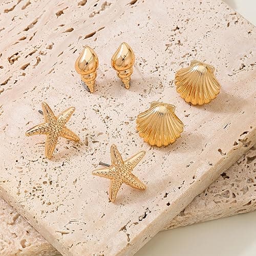 Gold Starfish Shell Earrings for Women Set 3 Pairs Summer Beach Vacation Earrings for Women Ocean Jewelry thumbnail 5