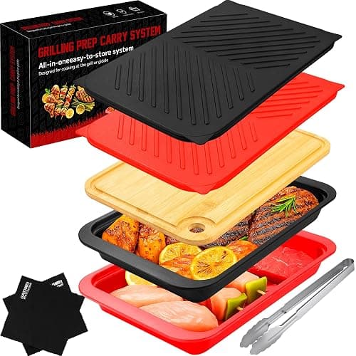 GAYIMEI Deep Grill Carry System with Lids, Cutting Board, Tong, Gift Ready BBQ Carry Tray for Prepping, Marinating and Serving, Diswasher Safe, Nesting Platters Black in Red - Image 1