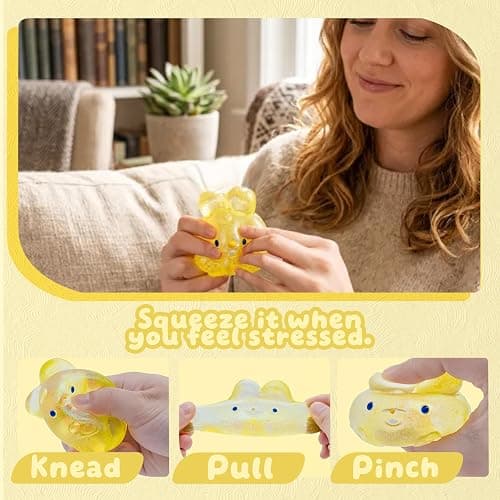 Stress Relief Glitter Bunny Squeeze Toy - Anxiety Calming Sensory Fidget Toy, Soft Squishy Ball for Kids Adults ADHD Autism, Yellow Jelly Hops thumbnail 4