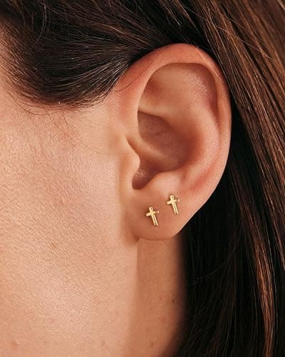 MUMREUES Gold Earrings for Women 14K Gold Plated Cross Stud Earring Dainty Minimalist Simple Small Earrings Jewelry Gift for Her thumbnail 3