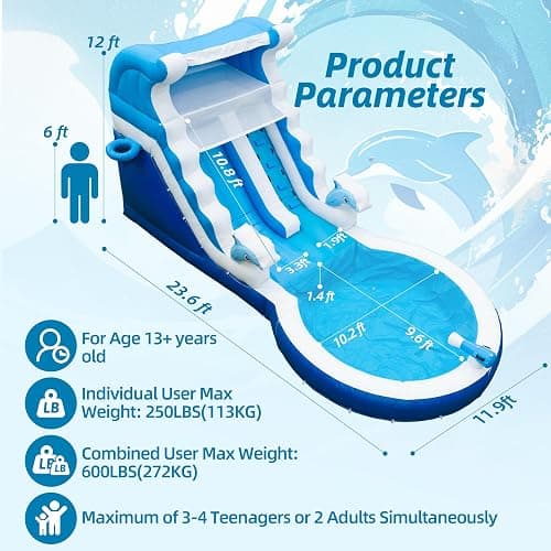 HXDOGSP Inflatable Water Slide Commercial Grade: 24FT(L) Water Bounce House for Adults & Teenagers - Big Pool, Premium PVC, Dolphin Style, Wet & Dry, 950W Blower - for Backyard Outdoor Birthday Party thumbnail 2