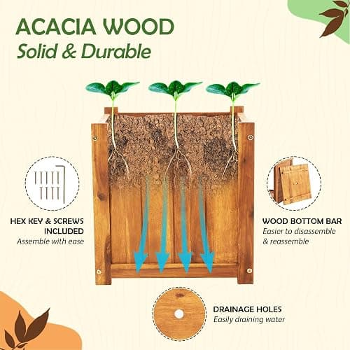 Idzo Set of 2 Hardwood Outdoor Flower Box, Durable Acacia Wood Flower Boxes for Outdoor Plants with Ergonomic Handles, Drainage Holes, Multiple Sizes Wood Bucket Planter for Home Décor thumbnail 4