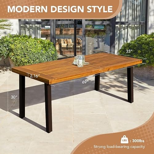 Devoko Home Acacia Wood Dining Table 6-Person Indoor Outdoor Table with Iron Legs, Sandblast Finish, Natural Stained, Rustic Metal, 69 * 33 * 30 inch (Natural) - Brown thumbnail 3