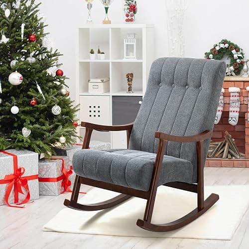 AVAWING Upholstered Rocking Chair with Fabric Padded Seat, Comfortable Rocker Solid Wood for Living Room, Modern High Back Armchair for Adult, Dark Grey thumbnail 8