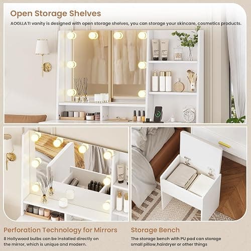 AOGLLATI Makeup Vanity Set with Lights, White Vanity Desk with Mirror and Lights, Makeup Vanity DeskTable with Cushioned Stool, Makeup Desk with Charging Station, Open Storage Shelves thumbnail 5