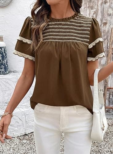 Dokotoo Womens Summer Smocked Tops Crewneck Short Ruffle Sleeve Blouses | Flowy Boho Clothes,Stylish Lace Trim,Summer Outfits,Striped,Casual Layered Sleeve,Babydoll Shirts,Texture,Back Keyhole thumbnail 2