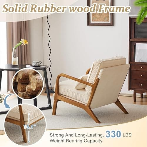 VINGLI Upgraded Premium Corduroy Accent Chair,Upholstered Arm Chair,Solid Wood Comfy Reading Chair with Lumbar Pillow, Mid Century Modern Chairs for Living Room,Bedroom,Guest Room,Beige thumbnail 4