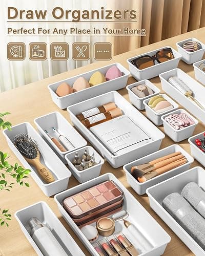 KEMETHY 25 PCS Plastic Drawer Organizers Set, 4 Sizes Vanity Organizer, Makeup and Desk Drawer Organizer Trays, Organization and Storage for Makeup, Bathroom, Kitchen Utensils and Office (White) thumbnail 7