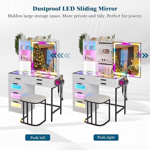 WOOVIVS Glass Top Vanity with LED Mirror, 6 Drawer Dresser with Charging Station for Bedroom, Small Makeup Vanitys Table with RGB Light, Vanity Set with Chair,Jewelry Organizer for Girls-White thumbnail 9