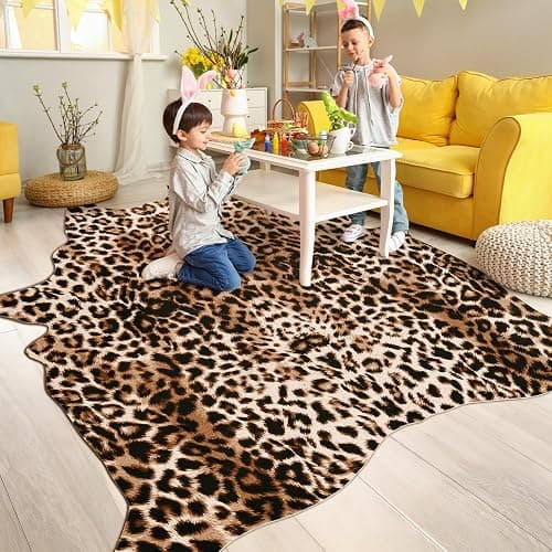 Pettop Luxury Faux Leopard Print Rug 4.6x5.2 Ft - Western Cheetah Area Rugs for Living Room, Bedroom, Farmhouse - Premium Western Faux Fur Carpet, Non-Slip Animal Hide Throw Rugs, Dark Brown thumbnail 7