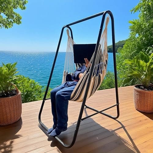 Hammock Chair with Stand,Hammock Chair Stand with Hanging Swing Chair Included,Weather Resistant Hammock Stand Max 450 Lbs,Saving Space Swing Stand for Indoor Outdoor Patio Yard Patented(Coffee) thumbnail 8