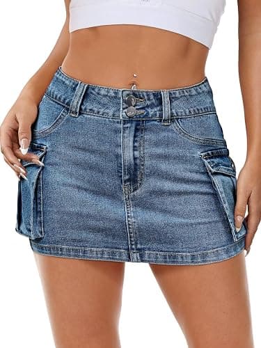 Mancreda Women Denim Cargo Skirt Mini Low Waist Button Bodycon Y2K Flap Pockets Skirts thumbnail 2