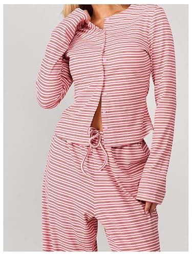  Women's 2 Piece Sets Striped Button Down Shirts Pants | Fall Outfits, Long Sleeve Shirts, Wide Leg Pants, Matching Set, Loungewear thumbnail 3