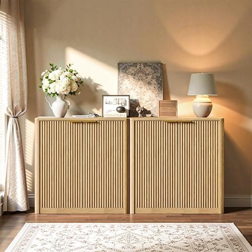 Evermagin 31.5" Oak Buffet Cabinet with Storage, Small Sideboard Cabinet, Boho Accent Credenza, Fluted Console Table with Doors for Dining Room, Kitchen, and Living Room thumbnail 3