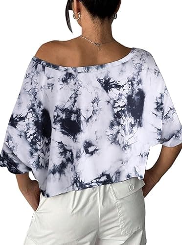 Remidoo Womens Off The Shoulder Short Sleeve Crop Top Asymmetrical Neck Loose Tshirt - Small - Black-f thumbnail 2