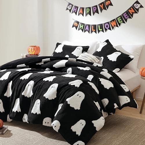 Smoofy Halloween Comforter Set Twin Size – 2-Piece Black Halloween Comforter with 3D White Ghosts, Lightweight and Fluffy Bedding Set (1 Twin Comforter + 1 Pillowcase) thumbnail 2