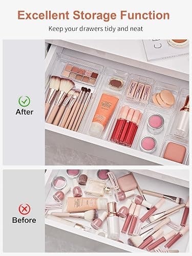 SMARTAKE 22-Piece Drawer Organizer with Non-Slip Silicone Pads, 4-Size Clear Desk Drawer Organizer Trays Storage Tray for Makeup, Jewelries, Utensils in Bedroom Dresser, Office and Kitchen, Clear thumbnail 4