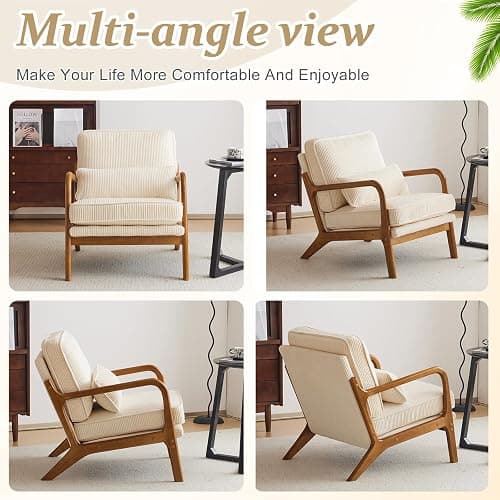 VINGLI Upgraded Premium Corduroy Accent Chair,Upholstered Arm Chair,Solid Wood Comfy Reading Chair with Lumbar Pillow, Mid Century Modern Chairs for Living Room,Bedroom,Guest Room,Beige thumbnail 8