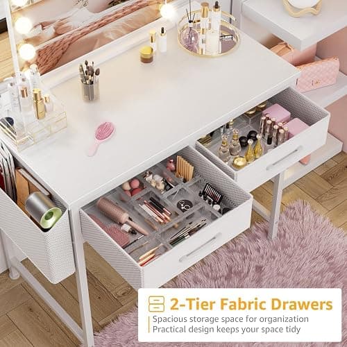 DLisiting 32 Inch Small White Desk with 2 Drawers, Study Writing Computer Desk with Storage Drawer for Bedroom Home Office, Vanity Table Without Mirror for Girls Small Spaces thumbnail 6
