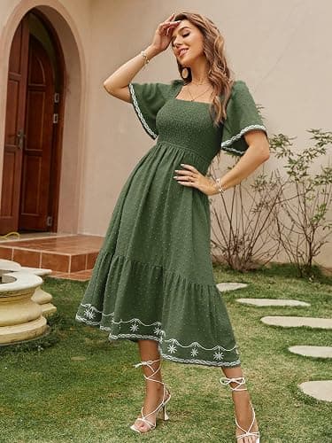 Glamaker Women's Short Sleeve Smocked Square Neck A Line Summer Flowy Maxi Long Dress thumbnail 2