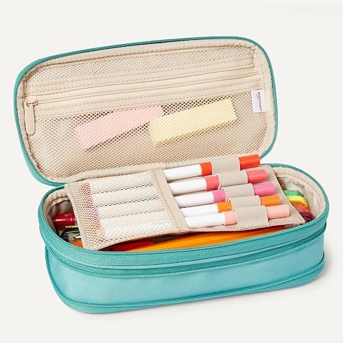 Amazon Basics Large Capacity Pencil Case with Durable Zipper, Multi-Compartment, Cyan Mild thumbnail 5