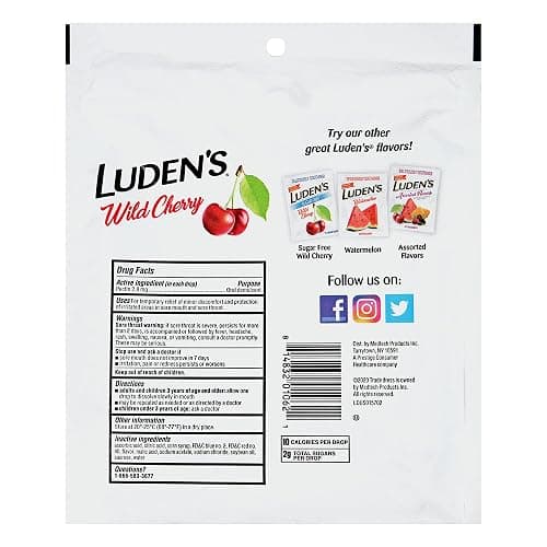 Luden's Sore Throat Relief Lozenges for Minor Everyday Irritation & Dry Mouth, Wild Cherry Flavored Drops, 90 Count thumbnail 7