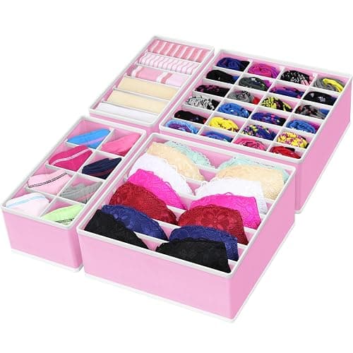 Simple Houseware 4-Pack Drawer Organizer Set - Closet Dividers for Underwear, Socks, Bras, Scarves, Ties - Foldable Non-Woven Storage Boxes, Pink - Image 1