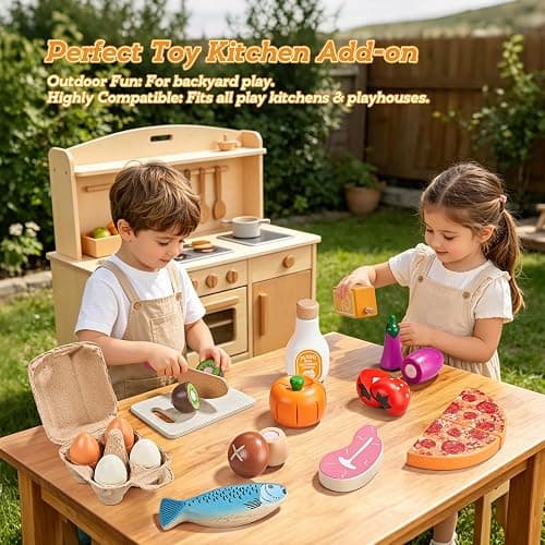 LAUGIGLE Wooden Play Food Sets for Kids Kitchen, Montessori Toy Food with Pizza Toy, Easter Eggs, Pretend Food Play Kitchen Accessories, Cutting Fake Food with Canvas Tote Bag, Birthday Christmas Gift thumbnail 3