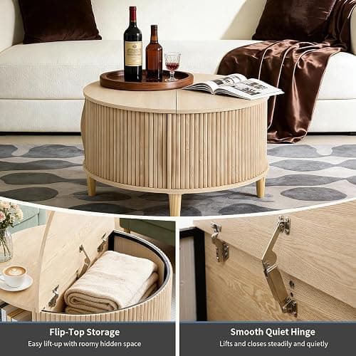DUMOS Coffee Table, Round Coffee Tables with Storage, Fluted Center Table for Living Room, 31.69" Mid Century Modern Table with Sliding Cabinet Door, 2-Tier Rustic Wood Desktop, Wood thumbnail 4