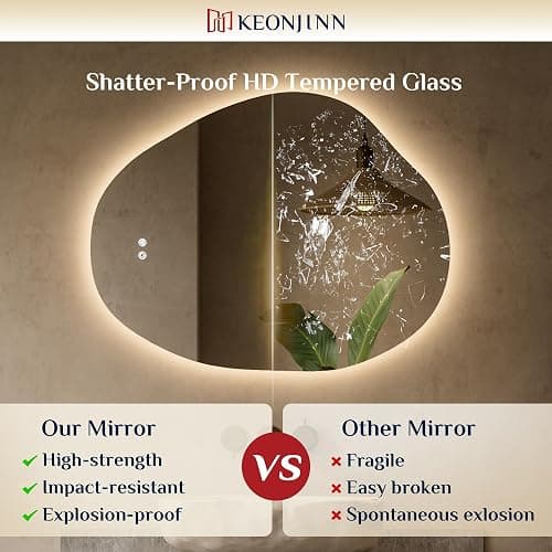Keonjinn Irregular Backlit Mirror 24 x 30 Inch, Asymmetrical LED Bathroom Mirror with HD Tempered Glass, UL-Listed LED Driver, Stepless Dimmable with 3 Colors, Safe Defogging(Horizontal/Vertical) - 30"L x 24"W thumbnail 6
