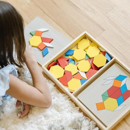 Melissa & Doug Pattern Blocks and Boards with 120 Multi-Colored Wooden Shape Tiles, 5 Double-Sided Puzzle Boards, Tangram Puzzles, Montessori Toys for Girls & Boys thumbnail 2