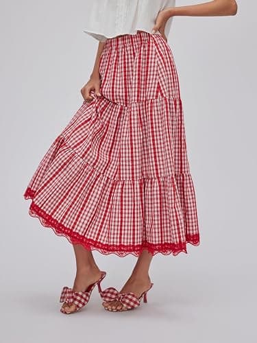 CIDER Women's Gingham Long Skirts Plaid Maxi Skirt Flowy A Line Summer Skirts Casual Trendy thumbnail 4
