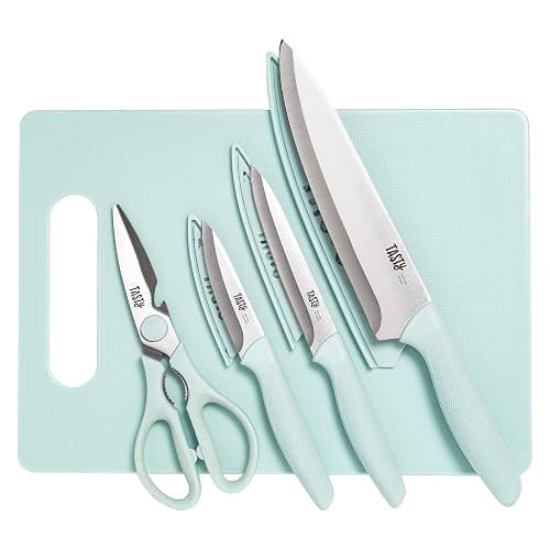 Tasty 5-Piece Cutlery & Cutting Board Set, High-Carbon Stainless Steel Knives with Soft Grip Handles, Reversible Cutting Board for Chopping & Serving, Aqua thumbnail 2