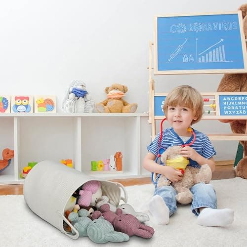 XUANGUO Cotton Rope Laundry Basket Hamper for Clothes Decorative Woven Storage Basket for Living Room Bedroom Boho Tall Rope Baskets for Blanket Toys Baby Nursery Hamper Bin Large white thumbnail 7