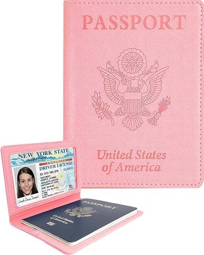 Sizobi Leather Passport Holder Covers, Passport Holder for Travel Women, RFID Blocking Wallet Case, International Travel Must Haves Travel Accessories for Women Men,Cruise Ship Essentials Gifts, Pink - Image 1