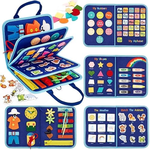 hahaland Busy Board for Toddlers - Montessori Toys Preschool Learning Activities with Life Skills, Alphabet, Number, Shape, Color, Animal, Weather - Toddler Boy Learning Educational Toys, Travel Toys thumbnail 9