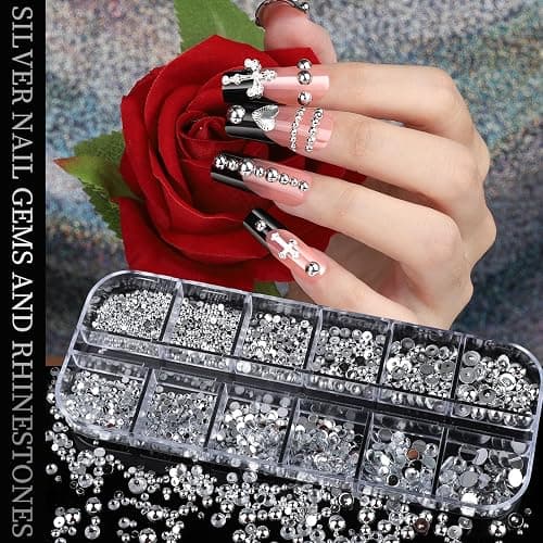 Teenitor Silver Nail Charms and Gems Kit, 4 Boxes Nail Gems Silver Rhinestones for Nails, 3D Y2K Accessories Nail Decor, Cross Charms for Nails Design Star, Caviar Beads for Nails Art thumbnail 5