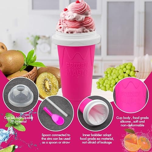 Slushy Maker Cups, DIY Magic Slushy Maker Squeeze Cups, Portable Smoothie Squeeze Cup for Juices, Milk and Ice Cream Make, Double Layers Silicone Slushie Cup with Straw for Friends,Family Gifts-Pink thumbnail 6
