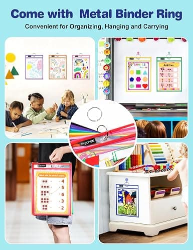 SUNEE 30 Packs Oversized Reusable Dry Erase Pocket Sleeves with 2 Rings, 10 Assorted Colors 10x14 Ticket Holders, Clear Plastic Sheet Protectors, Teacher School Classroom Supplies thumbnail 6