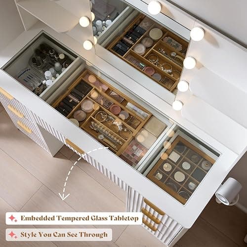 AMERLIFE 47.2" Fluted Vanity Desk with Mirror and Adjustable LED Lights, Large 7 Drawers Makeup Table with Glass Top and Charging Station for Women and Girls, Bedroom or Dorm, White thumbnail 6