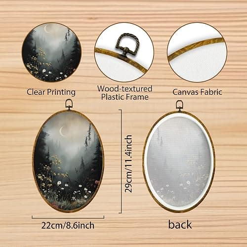 Hiuwevt Vintage Moody Forest Moon Oval Wall Art Decor, Dark Cottagecore Flower Field Framed Canvas Prints, Rustic Landscape Oval Wall Hanging Decor for Home Bedroom Decorations, 8.6x11.4 Inches thumbnail 7