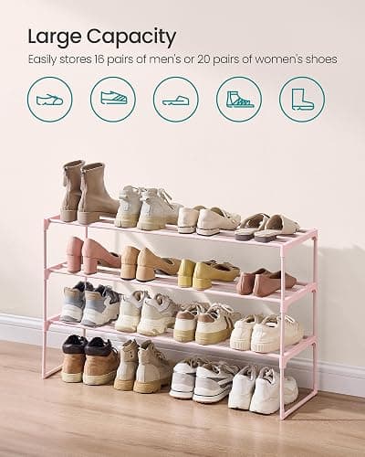 SONGMICS Shoe Rack, 3-Tier Shoe Organizer, Metal Storage Shelf, Upright or Upside Down, for 16-20 Pairs, Stackable, for Entryway, 11.8 x 36.2 x 21.7 Inches, Jelly Pink ULSA303S01 thumbnail 5
