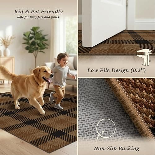 Easy Jute Brown Checkered 3x5 Entryway Rugs - Dark Plaid Rug Indoor Door Mats for Entrance, Front Porch, Outdoor Balcony, Kitchen Floor, Washable Non Slip Earthy Rustic Neutral Décor thumbnail 5
