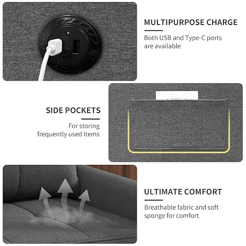 DURASPACE Sleeper Chair Bed with USB Ports, Side Pockets, 3-in-1 Convertible Futon Chair, Adjustable Backrest Recliner Pull Out Bed for Living Room, Bedroom, Small Spaces (Dark Gray) thumbnail 5