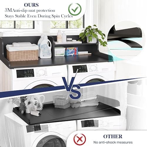 DTK Washer Dryer Wood Countertop with Shelf, Laundry Topper with Non-Slip Mat,27.55" Depth x 54" Width Dryer Covers for The Top with Edge Rails, Black thumbnail 3