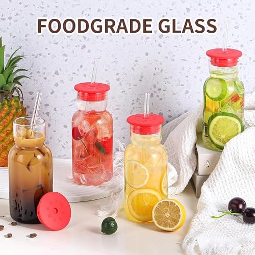 CWHHRN 17 oz Glass Cups with Lid and Straw, Glass Tumbler with Straw and Lid, Vintage Glassware for Whiskey Cocktail Beer Juice, Iced Coffee Cups with Lid (4 PACK) thumbnail 2