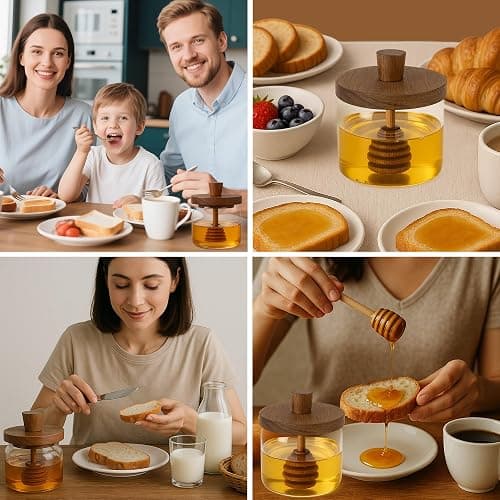 Loscarol 12 oz Honey Pot with Dipper and Lid - Glass Honey Jar with Wooden Honey Dippers Stick Set, Wide Mouth Storage Honey Containers - Syrup Dispenser for Home Kitchen thumbnail 7