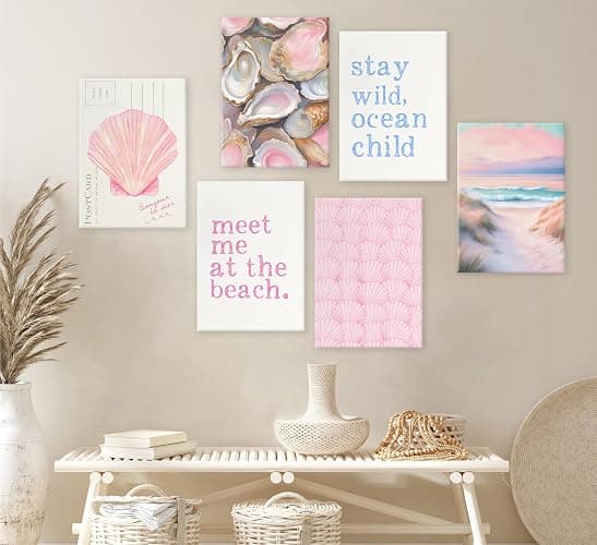 Pink Beach Preppy Canvas Wall art Coastal Granddaughter Aesthetic Room Painting Picture Wall Decor Shells Oyster Poster Print Artwork for Girls Room Girls Dorm Home Decoration thumbnail 4