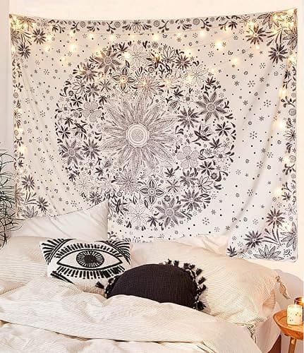Neasow Bohemian Tapestry Wall Hanging, Beige White Floral Tapestry with Dotted Daisy Medallion Print Bedroom Boho Hippie Home Decor, 36×48 inches thumbnail 2